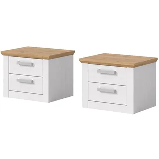 Inn.Furn Nachttisch Girona (Set 2x Nachtschrank in Lärche weiß Landhaus und Eiche Artisan, 2-St., je 56 x 43 cm), jeweils 2x Vollauszug-Schubkasten weiß