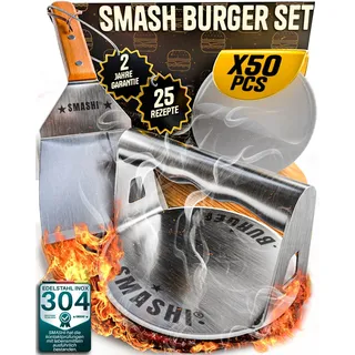 SMASHI® Smash Burger Set Professionell aus Edelstahl 304 – EU-Zertifiziert für Lebensmittelkontakt | Burgerpresse + Spachtel mit Holzgriff + Zubehör | Enthält 25 Rezepte (Basis-Set)