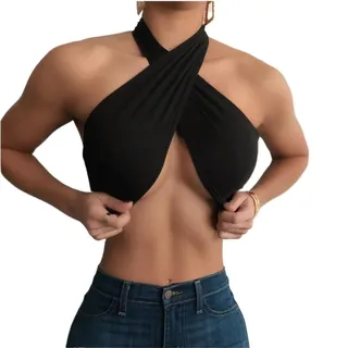 ZWCSHUU Gekreuztes Neckholder-Top Kreuz Aushöhlen Cropped Bandage Tops Sexy Weibliche Off The Shoulder Plissee Solide Clubwear Camis Tank Top(Color 1)