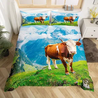 Kühe Trösterbezug Grünland Kuh Bettbezug Für Kinder Jungen Mädchen Bauernhaus Tier Bettwäsche Set Schnee Berg Natur Bettwäsche Mit 1 Kissenbezug 155x220 Grün Blau Braun