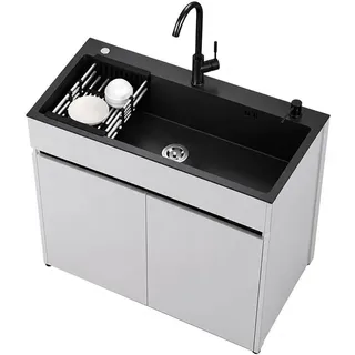 Spülbecken Küche mit Unterschrank, Waschbecken Waschküche, Spüle mit Abtropfkorb für Geschirr, 360° Armatur Kalt- & Warmwasser, Spültisch Sp... - Weiß