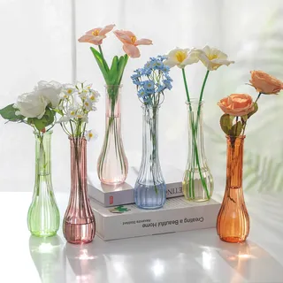 NUPTIO Kleine Glasvasen Set für Tischdeko: 21,7cm Hoch Schmale Klein Vasen für Hochzeitsdeko - Farbenfroh Gerippte Vase Blumenvase für Wohnzimmer Geburtstag Party Deko 6er-Set