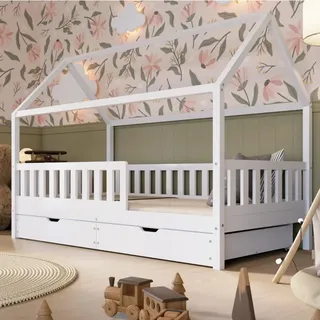 Crazy Pine Hausbett mit Schubladen 140x200 cm – Kinderbett aus Naturholz in Weiß mit Rausfallschutz – Skandinavisches Design, Montessori Bodenbett mit zusätzlichen Stauraum - Crazy Blanco