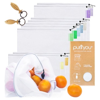 purifyou Wiederverwendbare Premium-Mesh- / Produkttaschen, 9er Set Überragende doppelte Steifigkeit mit Eigengewicht auf den Tags | Leicht, durchsichtig, groß, mittel und klein