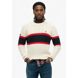 Strickpullover SUPERDRY "Cotton Stripe Cable Jumper", Herren, Gr. L, ecru, eclipse navy, Strick, Obermaterial: 100% Baumwolle, gemustert, regular fit normal, Rundhals, Rippbündchen, Pullover Strickpullover