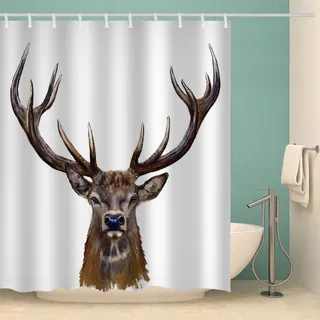 MOXINO Hirsch Duschvorhang Anti-Schimmel 120x180 cm Polyester Stoff Textil Waschbar Wasserdicht Badvorhang 3D Elch Motiv Duschvorhänge Badezimmer mit 12 Haken(Stil 108-15)