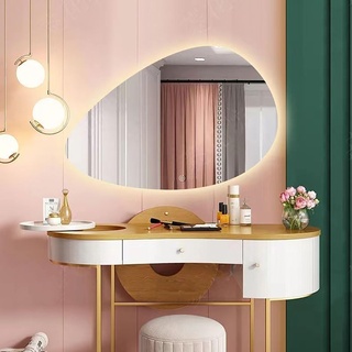 Dimmbarer Asymmetrischer LED spiegel Mit 3-farben-beleuchtung, Unregelmäßiger Ovaler Wand-schminktisch, Beleuchteter Kosmetikspiegel, 70x50cm/90x60cm, Wasserdichter Rahmenloser Badezimmerspiegel