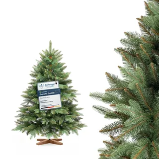 FAIRYTREES Weihnachtsbaum künstlich, Nordmanntanne Premium 120 cm, Naturgetreue Spritzguss Elemente, Made in EU, Künstlicher Weihnachtsbaum mit handgefertigtem Ständer aus Eschenholz