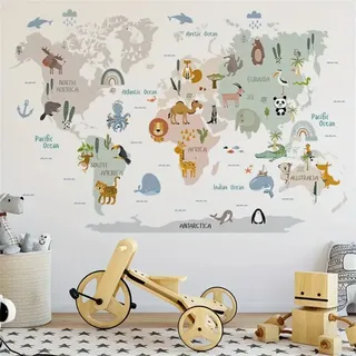Montegoni Wandsticker Tropische Tierwelt Landkarte Wandaufkleber, Selbstklebende PVC Sticker für mehrere Oberflächen weiß