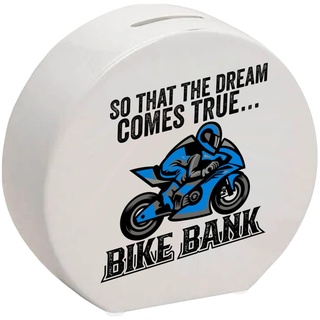 Bike Bank Spardose mit Spruch und Motorrad in blau So That The Dream Comes True Bike Bank EIN dekoratives Sparschwein zum Sparen auf EIN Moped Biker Sparbüchse Führerschein cool