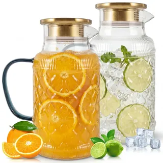 2 Stück Glaskrug mit Deckel 2 Liter, Borosilikatglas Wasserkrug Hitzebeständig, Retro Glaskaraffe mit Edelstahlfilter & Tropffreiem Ausguss, Teekanne für Eistee & Heißgetränke
