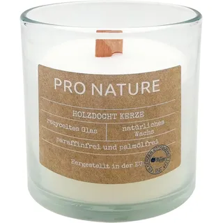 Müller Kerzen PRO NATURE Kerzen im Glas mit Holzdocht - Weiß Stearin Kerzen - 10 x 10 cm - 30 Stunden Brenndauer - Natürliche Wachs - Paraffin- und Palmölfrei Kerzenglas - Ohne Duft - 6 Stück