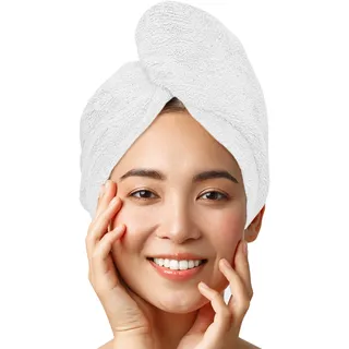 LUXTOGO Premium Haarturban-Handtuch, 100% Baumwolle, Hochwertiges Turban-Handtuch Mit Knopf Und Gummizug, Supersaugfähiges Kopf-Turban (1 STK Weiß)