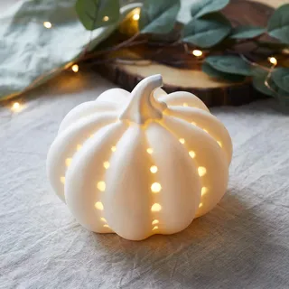 Lights4fun LED Keramik Kürbis Weiß Batteriebetrieb Timer Halloween Deko Kürbis Herbstdeko