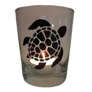 Lichtidee Teelicht Glas Windlicht Tischlicht Print schwarz mit Schildkröte/Turtle schwarz Herbst Handmade Unikat Maritim Geburtstag Ostern Muttertaggeschenk, Höhe 8cm,