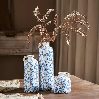 3er Set Keramikvasen, Vintage Blau-Weiße Vase, Florale Chinoiserie Blumenvasen, Rustikale Landhaus Keramik Vasen für Heimdeko, Blaue Vase für Wohnzimmer, Kücheninsel, Bücherregal, Chinoiserie Deko