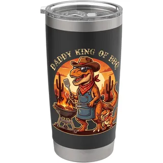 Lustiger T-Rex-Dinosaurier für Herren, Aufschrift "Daddy King Of BBQ", Vatertag Doppelwandiger Edelstahl-Thermobecher