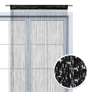 Wometo Faden-Vorhang Glitzer-Vorhang 90x245 - schwarz-Silber glänzender Deko Schal transparent halbtransparent Weihnachten