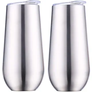 Sivaphe edelstahl sektgläser Silber, 2 Stück Champagnergläser, 180 ml Doppelwandig Thermo Weingläser mit Deckel für Büro, Party, Camping,Reisen, Weihnachten