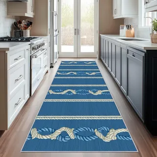 Generisch Läufer Flur Nautisch, Waschbarer Teppich Läufer Maritim Nautischer Marineblau Segler 60x300, Küchenteppich, Eingangsbereich, Bettvorleger, Schlafzimmer Deko, rutschfest, Kurzflor i2515