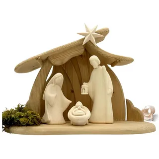 Akantus Krippe Weihnachtskrippe aus Holz: Hl. Familie (natur) mit Familienstall, holzgeschnitzt, Ahornholz, Made in Südtirol 10 cm