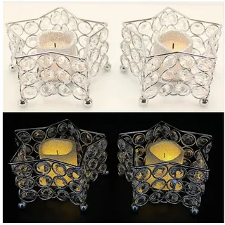 Online-Fuchs Teelichthalter als 2er Set in Sternformen mit LED-Kerze inkl. Timer SILBER (mit Kristallen, Kerze mit Glitzerüberzug, für Kerzen bis zu 5 cm Durchmesser, Votivkerze inkl. 6-Stunden-Timer, aus Metall), aus Metall, handgefertigt, Maße: 12x12x8 cm silberfarben