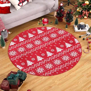 CAROMIO Maschinenwaschbarer runder Weihnachtsteppich für Schlafzimmer, Innenbereich, Überwurf, Weihnachtsbaum, Schneeflocke, dekorativer Wohnzimmerteppich, 120 x 120 cm
