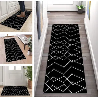 ZUZEKU Läufer Teppich Flur Küche Schwarz Weiß rutschfest 60x200cm Küchenläufer Teppichmatten Waschbar Korridor Teppichläufer Küchenteppich Schlafzimmer Esszimmer Polyester Meterware Anpassbar