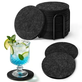 Untersetzer für Gläser, 16er Set Filzuntersetzer Rund mit Metallständer, Abwaschbare Filz Untersetzer, Geeignet für Haus, Büro, Bar, Restaurant und Party, Grau, 10 cm Durchmesser