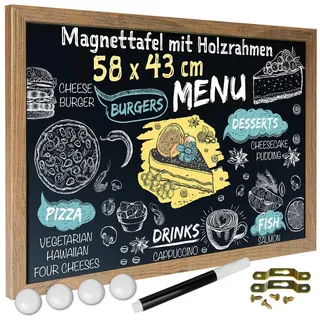 Goods+Gadgets Magnettafel Magnettafel Kreidetafel – Holzrahmen Magnet Board für Küche & Büro, (Magnet-Tafel zum Aufhängen, mit Holz-Rahmen), inkl. Kreidestift & Magnete 58 cm