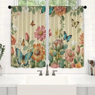 Odot Scheibengardinen Modern Kurz Küche, Kurzvorhang Bistrogardine Küche Landhausstil 2 Stück 3D Schmetterling Muster Kurzstores Gardinen mit Stangendurchzug (Pflanze,W 65 H 115cm)
