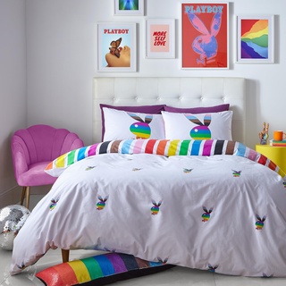 Sassy B Playboy Bedding Wende-Bettwäsche-Set mit Kissenbezügen, Regenbogen-Hase, für Doppelbett, Weiß