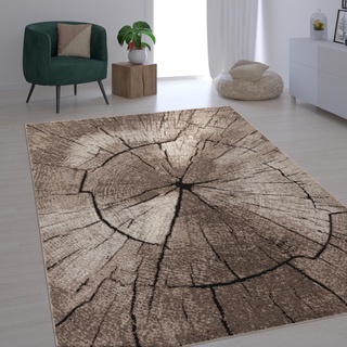 Paco Home Edler Designer Teppich Wohnzimmer Holzstamm Baum Optik Natur Grau Braun Beige, Grösse:Ø 160 cm Rund