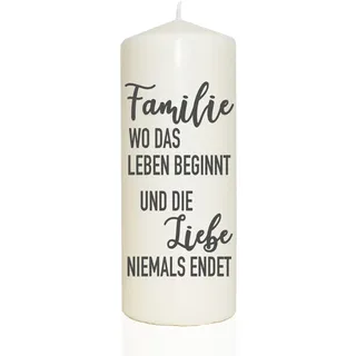 WB wohn trends Spruchkerze, Familie wo das Leben beginnt und die Liebe Niemals endet, grau, 20cm, 765g d8cm, Kerze mit Spruch, Brenndauer ca 70 Std