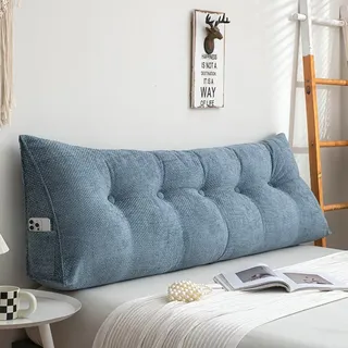 Rückenkissen Bett 180 cm, Lesekissen für Bett und Sofa, Groß Keilkissen Rückenstützkissen mit Abnehmbarem Waschbarem Bezug, Sitzkissen Bett Rücken mit Praktischem Seitenfach,Blau