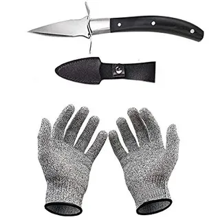 Hondex Set mit Austernmesser und Schnittfeste Handschuhe Austernöffner und Schnittschutzhandschuhe für Muscheln oder Hartkäse geeignet - Oyster Knife (Küche, Gartenarbeit, DIY) (Groß/Schwarz)