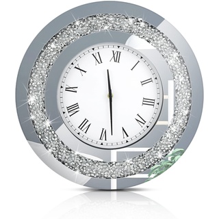 Laumoi Silberne runde Spiegel-Uhr, Kristall-Cush-Diamant, verspiegelt, funkelnd, glitzernd, Diamant-Dekor, große Wanduhr, Heimdekoration, AA-Batterie nicht im Lieferumfang enthalten