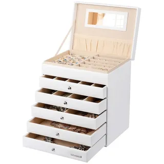 Yorbay Schmuckkasten Schmuckkästchen mit 6 Ebenen, 5 Schubladen (Mit Spiegel), zwei Farben, für Halsketten, Ringe, Armbänder, Ohrringe weiß
