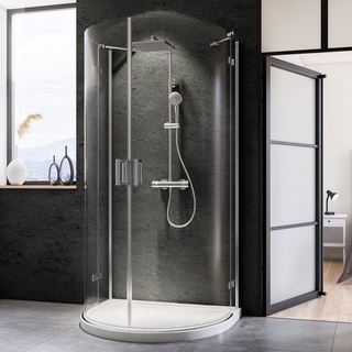 Breuer Panorama Halbrunddusche mit Drehtür 4-teilig Klarglas hell Alu Chromeffekt 110 cm x 90 cm / 200 cm Radius 550 - 3395 005 001 039