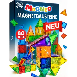 Magneo® Magnetische Bausteine (80 teilig) - Magnetbausteine für Kinder ab 3 Jahren - Pädagogisches Magnetspielzeug - Kreatives Magnet Spiel mit starken Magneten für Jungen & Mädchen