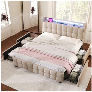 MODFU Polsterbett LED-Bett (mit aufladen USB Ladefunktion LED-Beleuchtung und 2 Schubladen, 180 x 200 cm Ohne matratze) beige