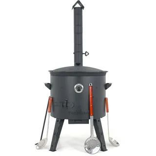Utschak Feuerofen Ø 49 cm mit Thermometer & Gusseisen Topf 22 L, Ø 52,7 cm | Kazan-Set mit Deckel | Учаг Outdoor Feuerschale & Gulaschkanone | Usbekischer Kochtopf aus Gusseisen, Gartenküche