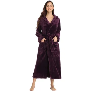 RONGTAI Damen Bademantel aus Plüsch mit Kapuze und Taschen, flauschige Nachtwäsche, dunkelviolett, X-Large - XL