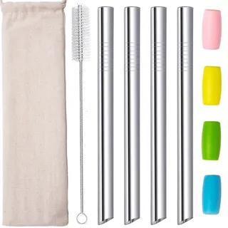 Bubble Tea Strohhalme, Edelstahl Wiederverwendbar Strohhalme, Metall Strohhalm Spitzes, 12mm Breit Dicke Trinkhalme für Smoothie Säfte Milchshake Boba Perlen, mit Bürste Silber 4 Stück