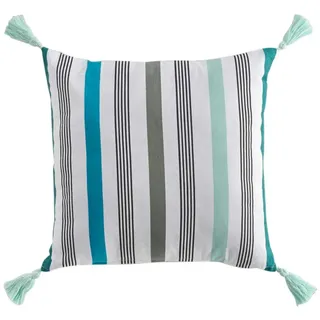 Macosa Home Dekokissen Kissen Baumwolle Weiß Blau Grün Gestreift vers. Größen, Quasten Baumwolle mit Reißverschluss inkl. Füllung blau|bunt|grün Quadratisch | 40 cm x 40 cm