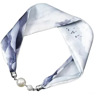 QuivyLivy Damen Schal Halskette mit Magnetperlenverschluss, Retro-Blumendruck-Design, simulierter Seidenschal, einfacher Schnappverschluss, tragen (C)