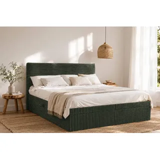Kaiser Möbel Boxspringbett mit bettkasten und topper TRENTO, ohne Bein stoff Plüsch Cord (Bett-Set mit Matratze & Topper), Matratze und Topper, Mehrere Größen, Viele Farben, Bettkasten grün 140 cm x 200 cm
