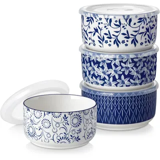 Salatschüssel mit Deckel 4 teilig, vancasso 1080ml Müslischalen Keramik, Servierschalen Blau-Weiß, Schüssel mit Deckel für Müsli, Salat, Suppe, Ramen