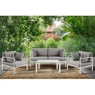Konsimo Gartenlounge-Set RAMBE Gartenmöbelset, hergestellt in der EU, (4-tlg., 1x Tisch, 2x Sessel, 1x Sofa 2-Sitzer), handgefertigt, Loft-Stil, mit Kissen grau|weiß