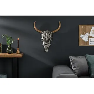 riess-ambiente Wanddekoobjekt EXOTIC BULL 57cm silber/natur - Metall, Mangoholz, Stierkopf, handmade, Tierische Skulptur - ideal für Wohn- und Schlafzimmer oder Flur silberfarben